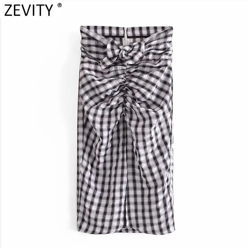 

Zevity New Women Vintage Plaid Print Bow Knotted Design Split Slim Skirt Faldas Mujer Femme Back Zipper Chic Midi Vestido QUN762