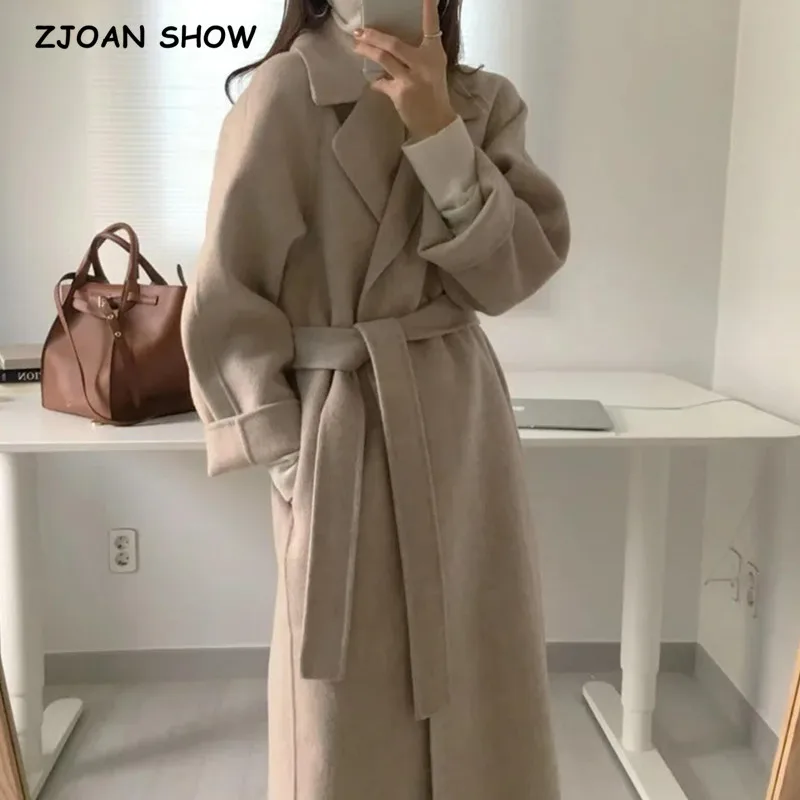 

2021 Winter CHIC Apricot Woolen Trench Women Bandage Waist Tie Bow Sashes Long Sleeve Midi Long Coat Oversize Femme Outerwear