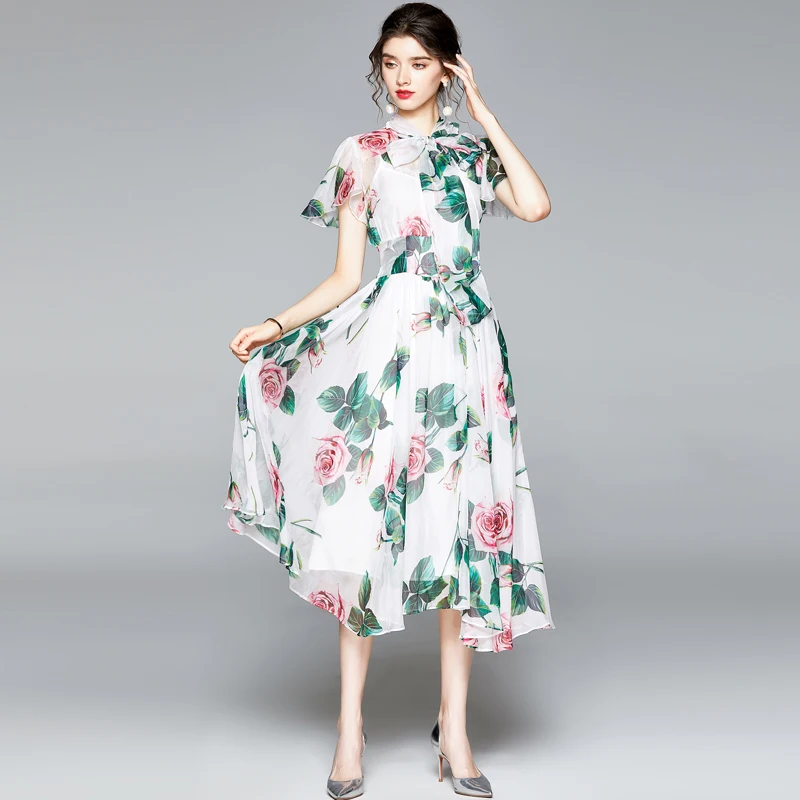 

Banulin Summer Fashion Runway Floral Holiday Dress Women's Bow Neck Flare Sleeve Flower Print Elegant Dress robe ete femme 2020