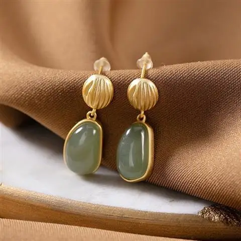 

Original New S925 Sterling Silver Inlaid Hetian Jade Retro Stud Earrings Flower Simple Graceful Women's Small Flower Ear Studs