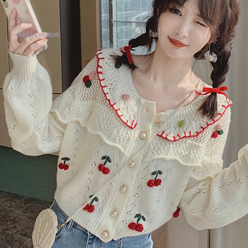 Lovely cherry sweater cardigan female fall winter show thin white hollow out design brief paragraph sweet girl coat
Lovely cherry sweater cardigan female fall winter show thin white hollow out design brief paragraph sweet girl coat