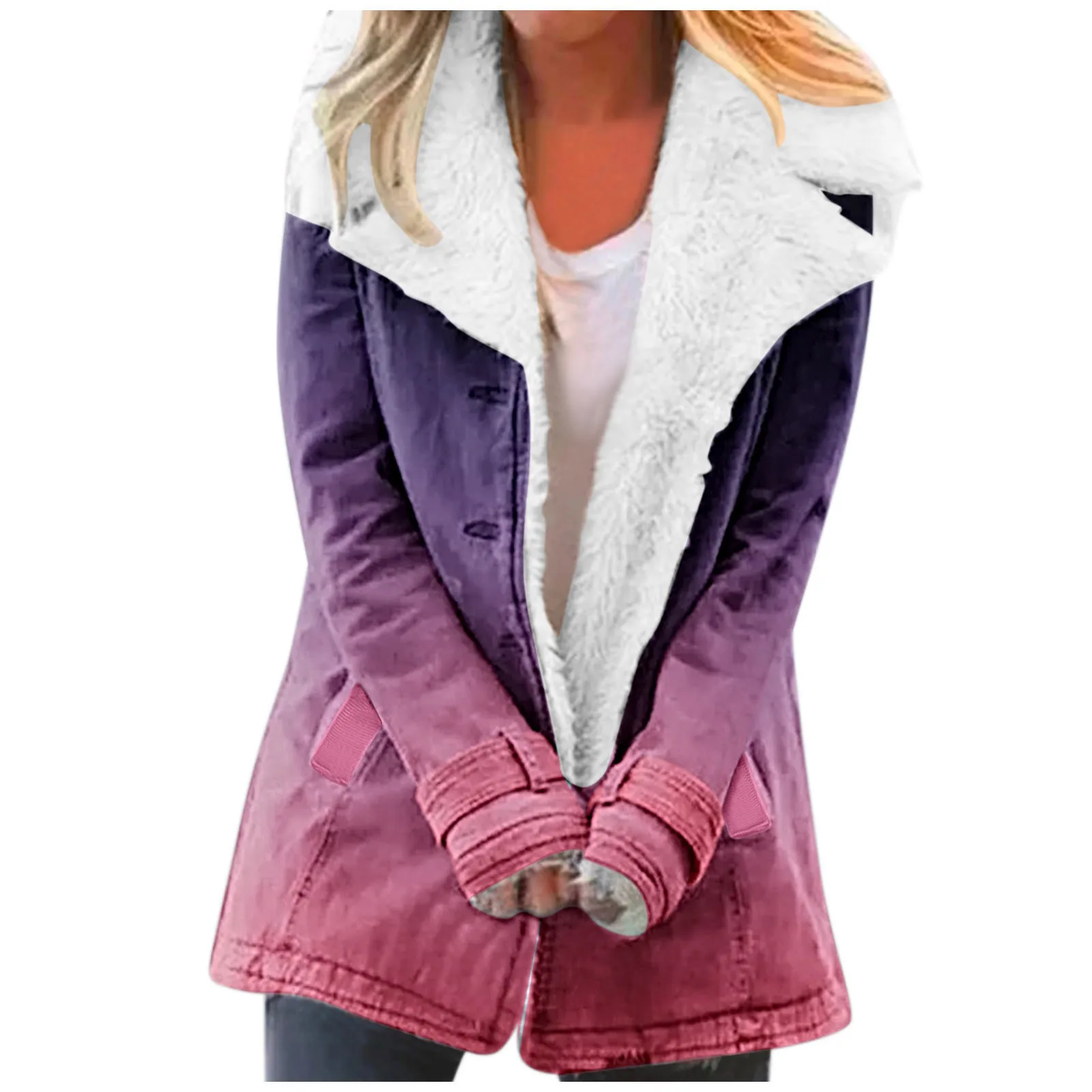 Womens Casual Fuzzy Fleece Jackets Gradient Solid Color Lapel Single Breasted Buttons Jacket Hooded Coat Winter Warm Overcoat
Womens Casual Fuzzy Fleece Jackets Gradient Solid Color Lapel Single Breasted Buttons Jacket Hooded Coat Winter Warm Overcoat
