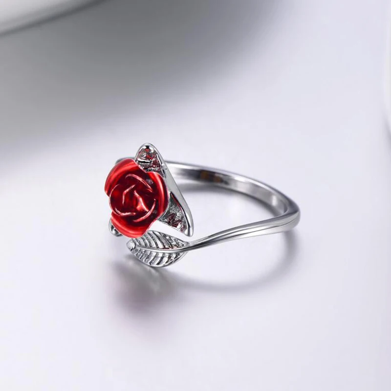 Женские открытые кольца с красной розой цветком и листьями Простые Модные на