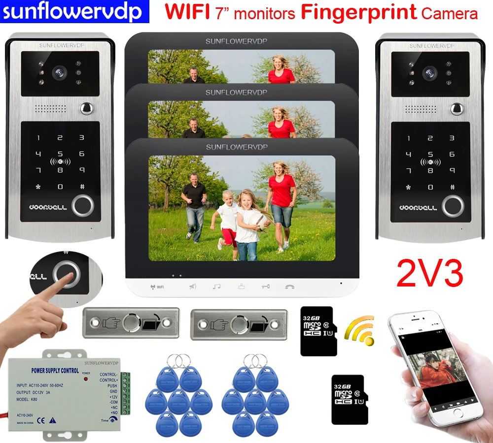 Фото Видео домофон для жилой дом 3 WI-FI 7 &quotмонитора + 2 камеры распознание отпечатка