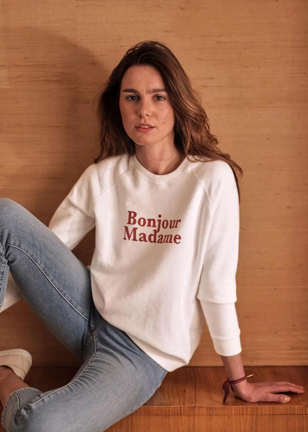 

Spring New Style Female Sweatshirt With French Bonjour Madame Letter Print Top For Lady Cotton White Crew Neck Tops