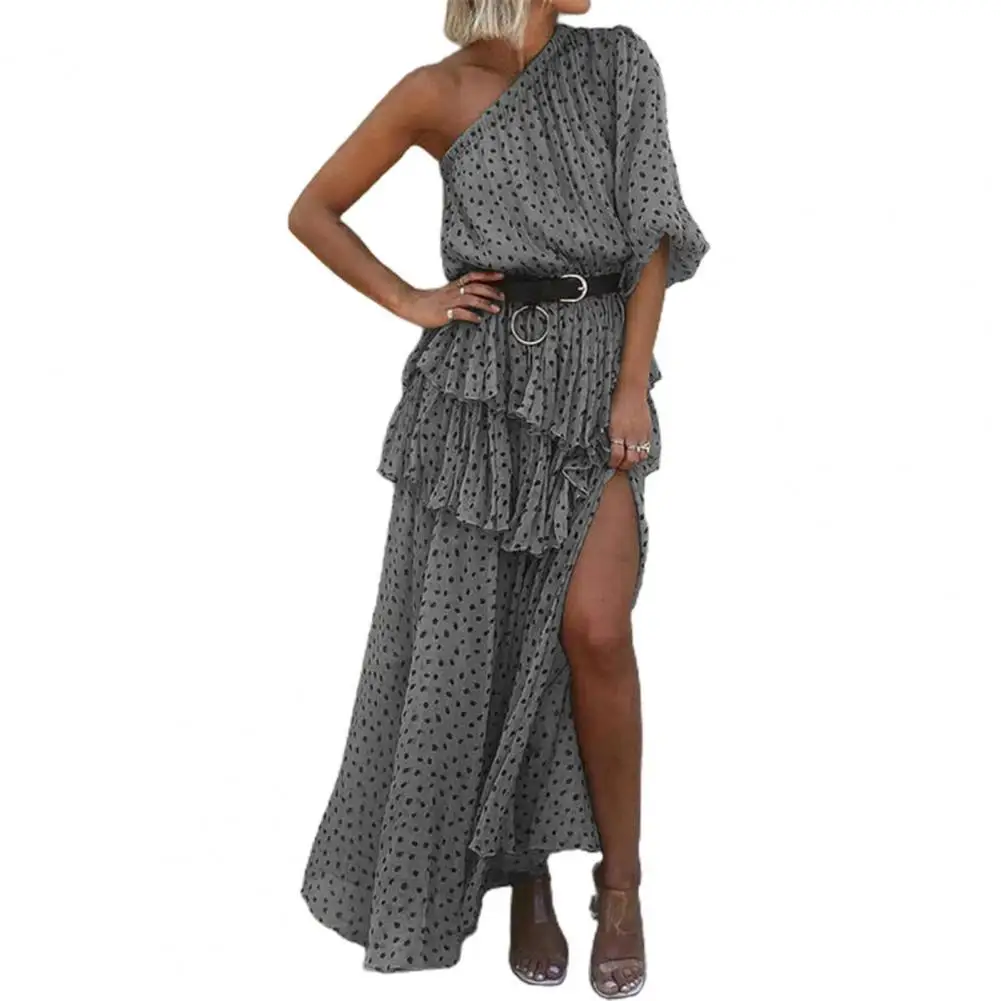 

Fashion Women Dress Skew One Shoulder Collar Asymmetric Polka Dots Print Slit Hem Long Dress 2021 Sexy Party Maxi Dress vestidos