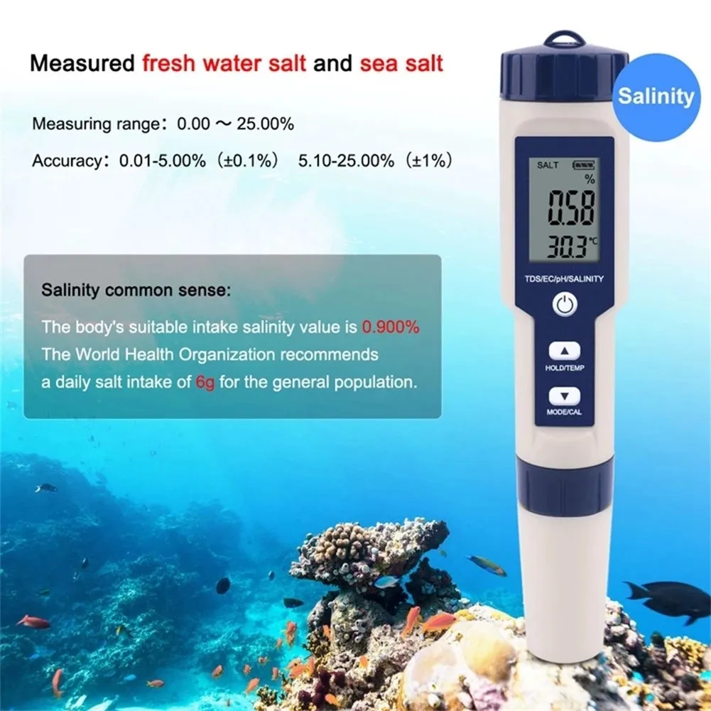5 In 1 Digital Water Quality Tester Pen EC PH Salinity Temp Meter Detector Pool Water Testing Water Quality Monitor
5 In 1 Digital Water Quality Tester Pen EC PH Salinity Temp Meter Detector Pool Water Testing Water Quality Monitor
