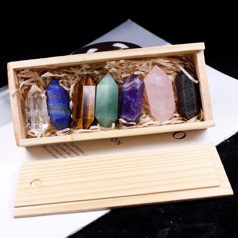 Double Points Natural Crystal Stone Pillar 7 Pcs Wooden Gift Box Packaging Set Healing Crystal Wand for Home Bedroom
Double Points Natural Crystal Stone Pillar 7 Pcs Wooden Gift Box Packaging Set Healing Crystal Wand for Home Bedroom