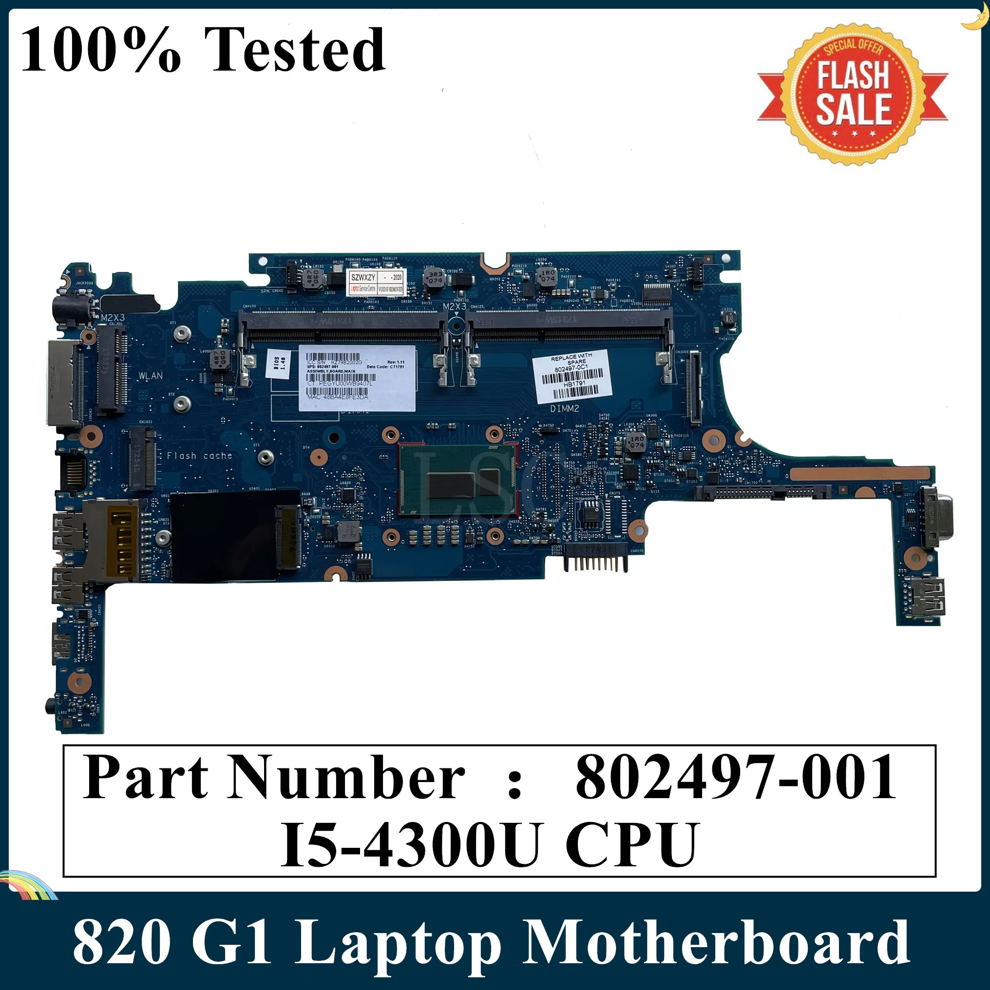 СОП для HP EliteBook 820 G1 Материнская плата ноутбука 802497-001 802497-501 802497-601 I5-4300U Процессор