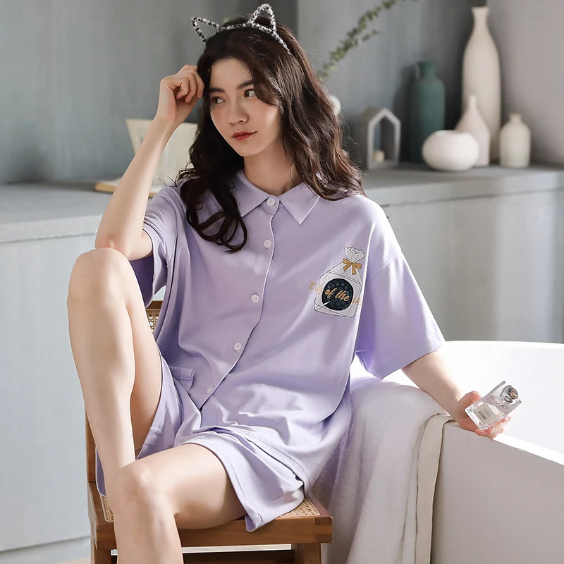 For Spring And Summer Korean Sweet Purple Cardigan Tops Ladies Cartoon Sleepwear Cotton Short-sleeve Shorts Women Pajamas Set
For Spring And Summer Korean Sweet Purple Cardigan Tops Ladies Cartoon Sleepwear Cotton Short-sleeve Shorts Women Pajamas Set