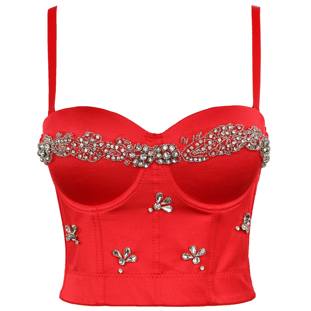 

Christmas Rhinestone Sexy Female Corset Nightclub Party Slim Women Camis Built In Bra Cropped Push Up Breast Crop Top YH1198