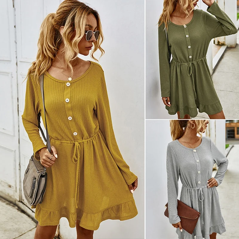 Kili Casual Button Front Ruffle Hem Women's Dresses O-Neck Long Sleeve Woman Drawstring Waist Mini Dress
Kili Casual Button Front Ruffle Hem Women's Dresses O-Neck Long Sleeve Woman Drawstring Waist Mini Dress