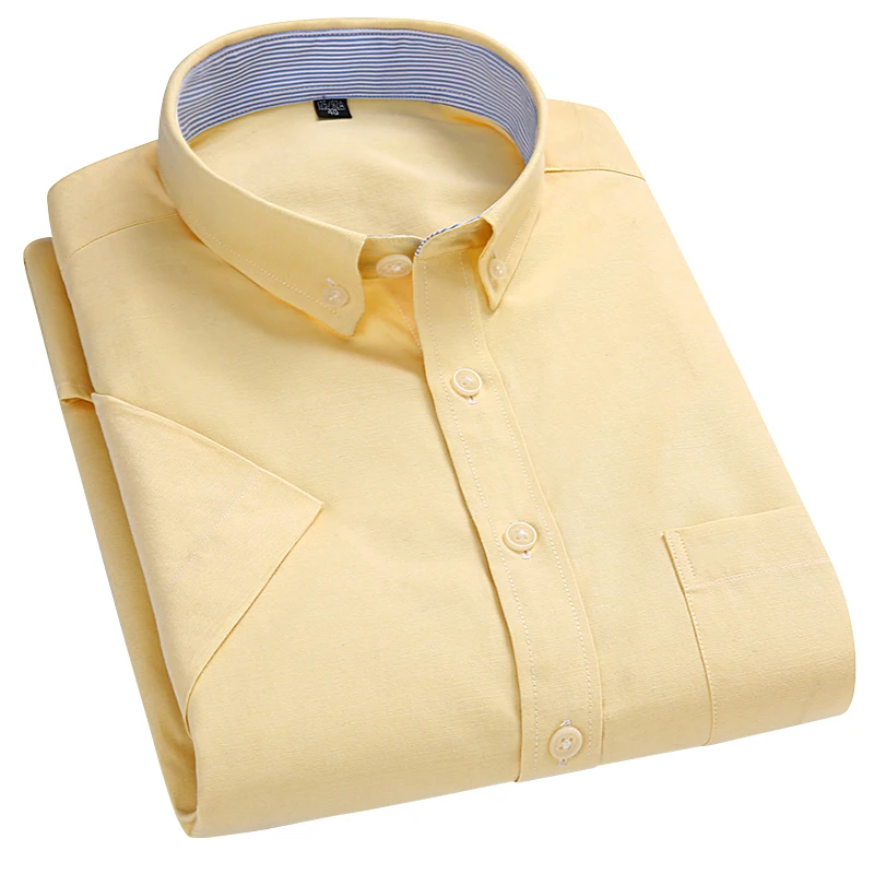 

AOLIWEN brand men 56% cotton yellow oxford solid color dress short sleeve shirt summer button trend business casual slim shirts