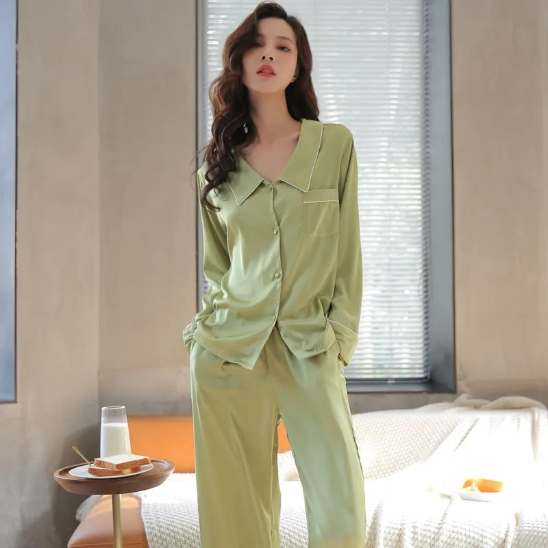 Green Casual Turn-down Collar Shirt&Pant Sleepwear Women Satin 2PCS Pajamas Set With Pocket Pyjama Spring Autumn Loose Home Wear
Green Casual Turn-down Collar Shirt&Pant Sleepwear Women Satin 2PCS Pajamas Set With Pocket Pyjama Spring Autumn Loose Home Wear