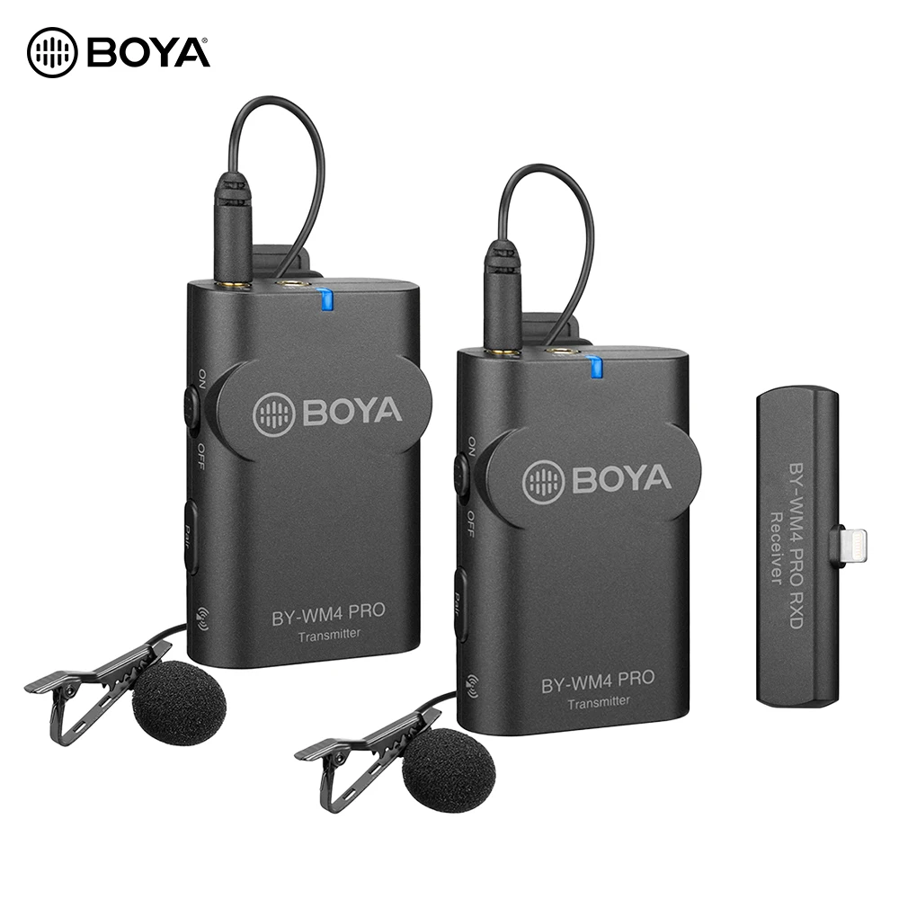 

BOYA BY-WM4 PRO-K4 2,4G Беспроводная микрофонная система (передатчик * 2 + приемник * 1) 60M эффективный диапазон для iPhone iPad iPod