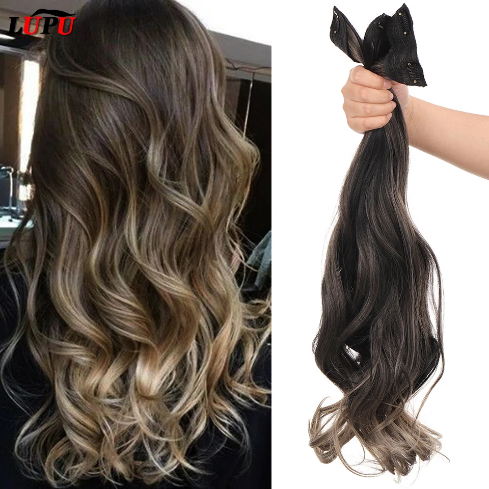 

LUPU Highlight Natural False Hair Extensions Clips In Hairpieces For Women Black Brown 22Inch Synthetic Long Wavy Hair