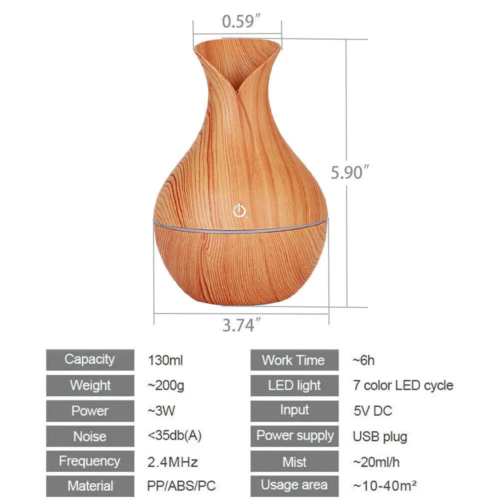 130ML USB Air Diffuser Wood Electric Ultrasonic Humidifier Oil Aromatherapy Mist Aroma Maker with LED Light for Home
130ML USB Air Diffuser Wood Electric Ultrasonic Humidifier Oil Aromatherapy Mist Aroma Maker with LED Light for Home