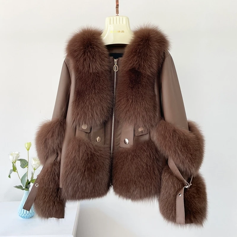 

2021 New Whole Skin Fox Fur Coat Women Winter Spliced Sheep Skin Fur Overcoat Fashion Warm Jackets Winter Clothing