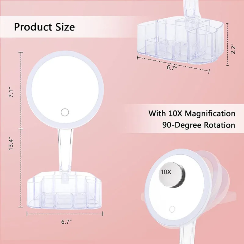 Cosmetic Mirror With LED Lights Lighted Vanity Makeup Mirror With Storage Base Light Up Touch Switch Adjustable Desk Mirror
Cosmetic Mirror With LED Lights Lighted Vanity Makeup Mirror With Storage Base Light Up Touch Switch Adjustable Desk Mirror