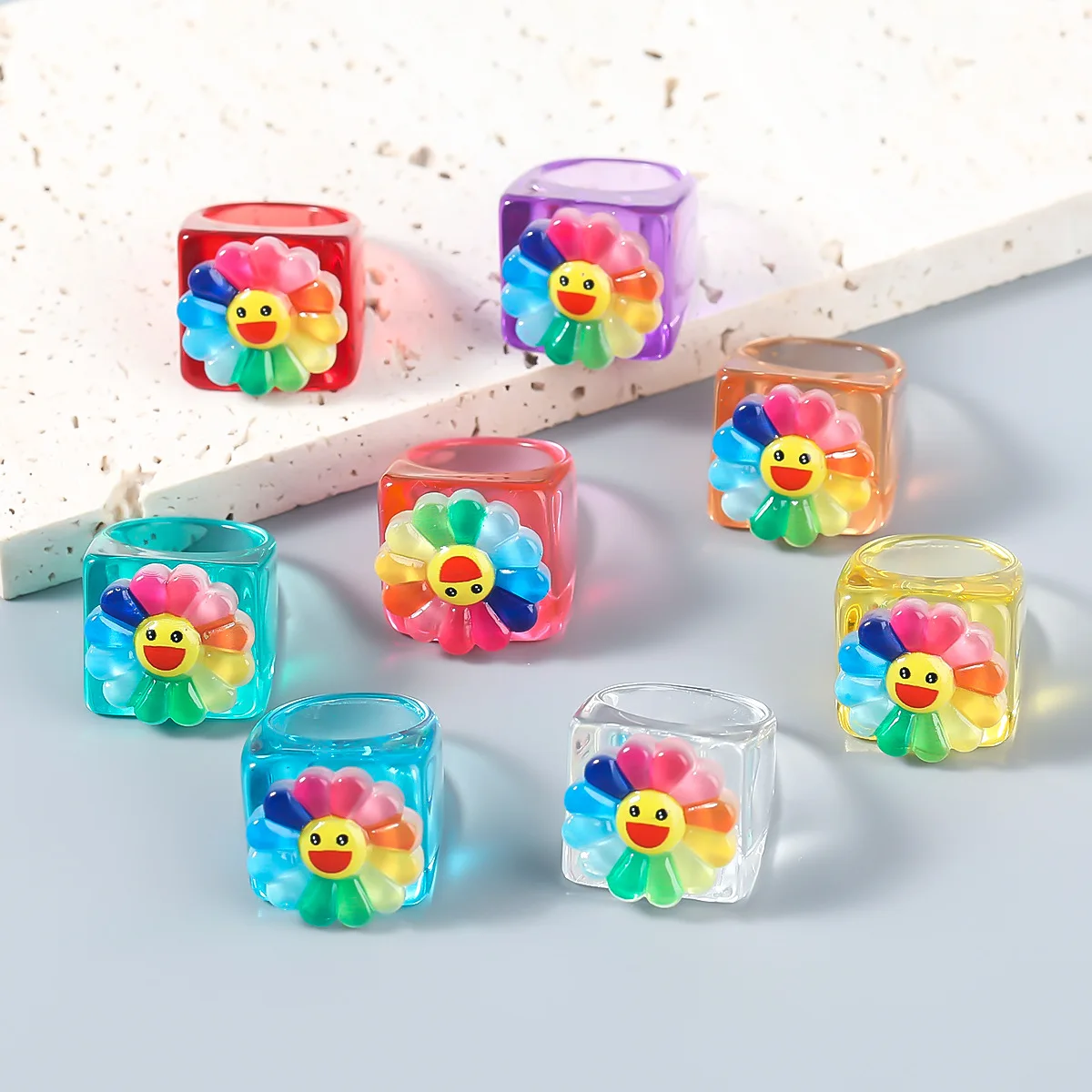 Resin Rainbow Yellow Smiley Face Sunflower Flower Ring Transparent Square Acrylic Finger Ring Simple Unsex Ring Hot Selling
Resin Rainbow Yellow Smiley Face Sunflower Flower Ring Transparent Square Acrylic Finger Ring Simple Unsex Ring Hot Selling