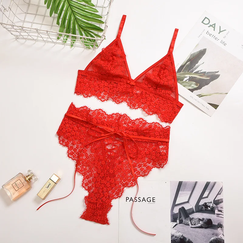 

Lace Underwear Set for Women Sexy See Through Lingerie Red Bra and Panty Robe Lenceria Babydoll Nightwear Sex Intimate Langerie