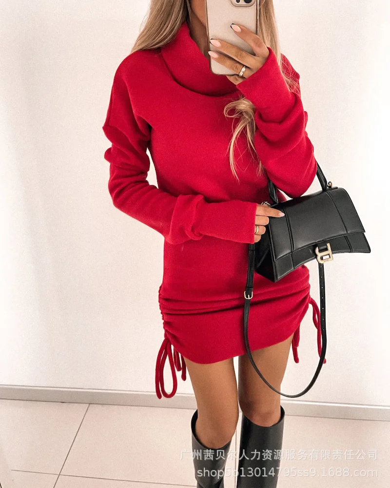 Women's mini dress casual autumn long sleeve 2021 new high neck drawstring Pleated Dresses
Women's mini dress casual autumn long sleeve 2021 new high neck drawstring Pleated Dresses