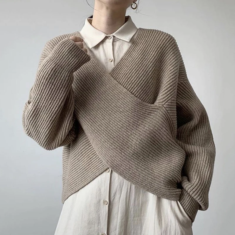 

Korean V-neck Criss-cross Sweater Women Apricot Khaki Gray Knitwear Autumn 2022 Loose Casual Batwing Sleeve Knit Pullover Tops