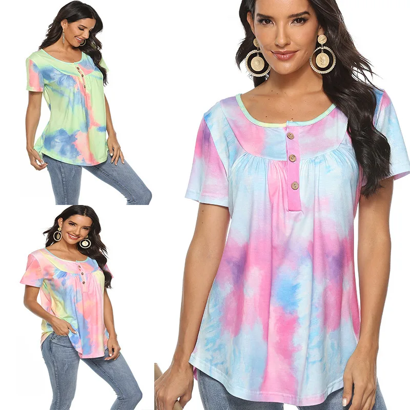 Ladies Fashion Tie Dye T-shirt Summer Petal Short Sleeve V-Neck Top 2021 Button Design Streetwear Plus Size 2XL Tees For Female
Ladies Fashion Tie Dye T-shirt Summer Petal Short Sleeve V-Neck Top 2021 Button Design Streetwear Plus Size 2XL Tees For Female