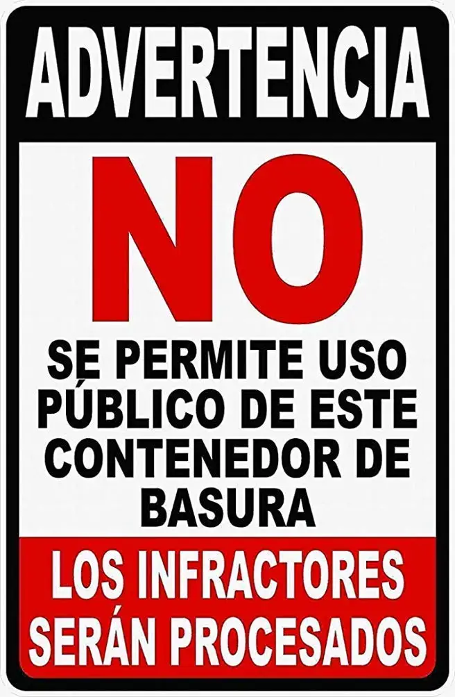 Warning Sign Spanish Warning No Public Use of Dumpster Sign Road Sign Business Sign Metal Tin Arrow Wall Decor Shed House
Warning Sign Spanish Warning No Public Use of Dumpster Sign Road Sign Business Sign Metal Tin Arrow Wall Decor Shed House