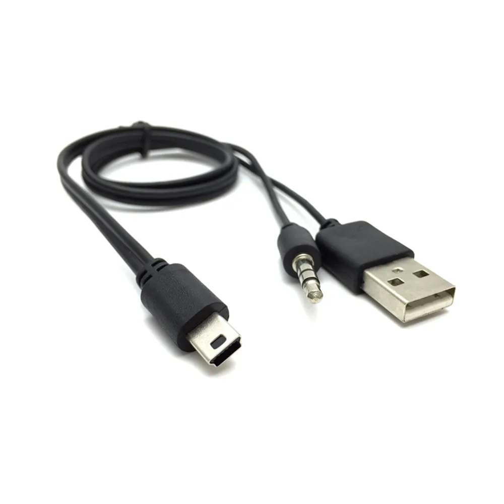 

Hohe qualität 2 In 1 USB Männlichen Mini USB 5 Pin + 3,5 MM AUX Kabel Schwarz AUX Und Ladegerät 2 In 1 Kabel Für lautsprecher