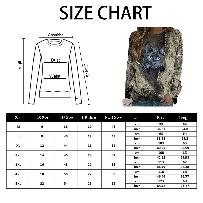 Fashion Women's Casual Cat Print Pullover Long Sleeve T-shirt Loose Sleeve Kawaii Women Casual Long Sleeve Tops Plus Size 5XL
Fashion Women's Casual Cat Print Pullover Long Sleeve T-shirt Loose Sleeve Kawaii Women Casual Long Sleeve Tops Plus Size 5XL