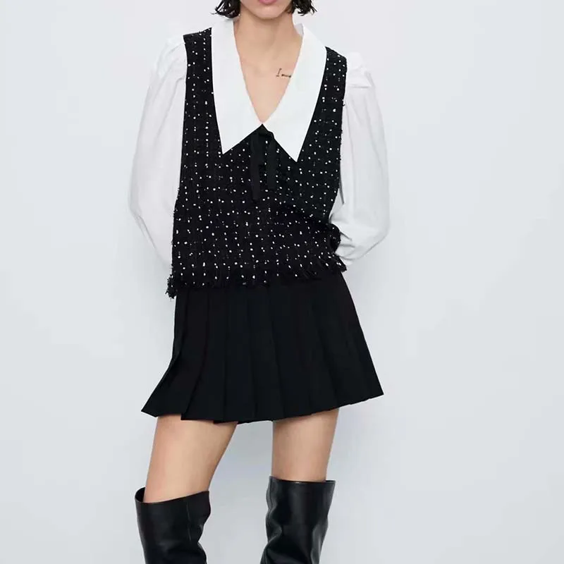 Женская блузка с длинным рукавом Za, Черная/белая рубашка с длинными рукавами и воротником в виде листьев лотоса, осень 2021 
Женская блузка с длинным рукавом Za, Черная/белая рубашка с длинными рукавами и воротником в виде листьев лотоса, осень 2021