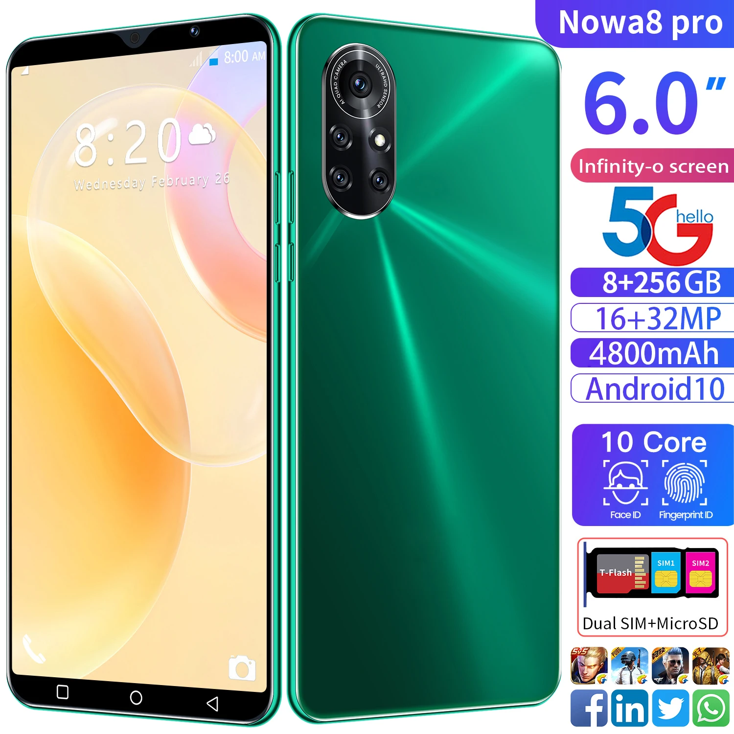 Global Version Nova8 Pro 6.0"SmartPhone 8+256GB 6800mAh Big Capacity Battery Android 16+32Mp Camera Fingerprint Unlock Cellphone
Global Version Nova8 Pro 6.0"SmartPhone 8+256GB 6800mAh Big Capacity Battery Android 16+32Mp Camera Fingerprint Unlock Cellphone