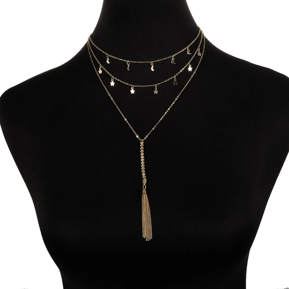 

Punk Ethnic Style Crystal Tassel Moon and Star Engraved Bar Layered Chain Necklace for Women Fashion Jewelry