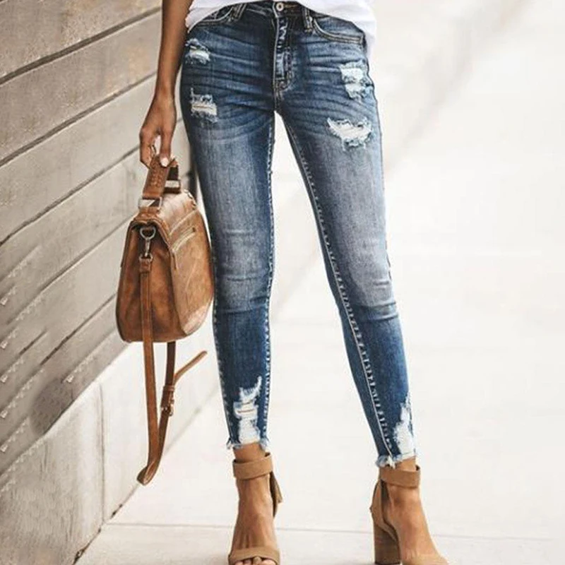 

Темно-Синие рваные джинсовые брюки, женские джинсы, супер стрейч, обтягивающие джинсовые брюки, уличная одежда, повседневный ремень