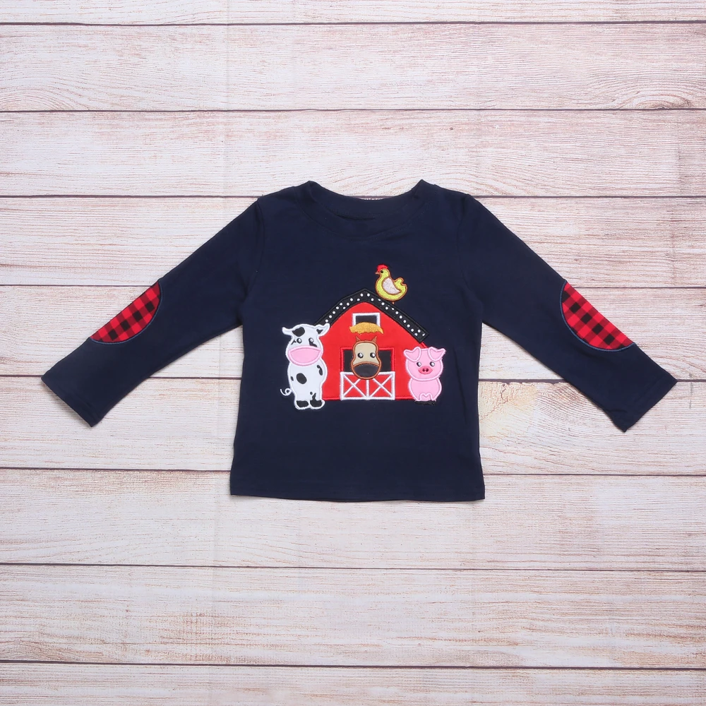 Autumn T Shirt For Boys Navy Blue Long Sleeve Red Plaid Patch Farm Cow Pig And Hen Embroidery Pattern T-shirt
Autumn T Shirt For Boys Navy Blue Long Sleeve Red Plaid Patch Farm Cow Pig And Hen Embroidery Pattern T-shirt