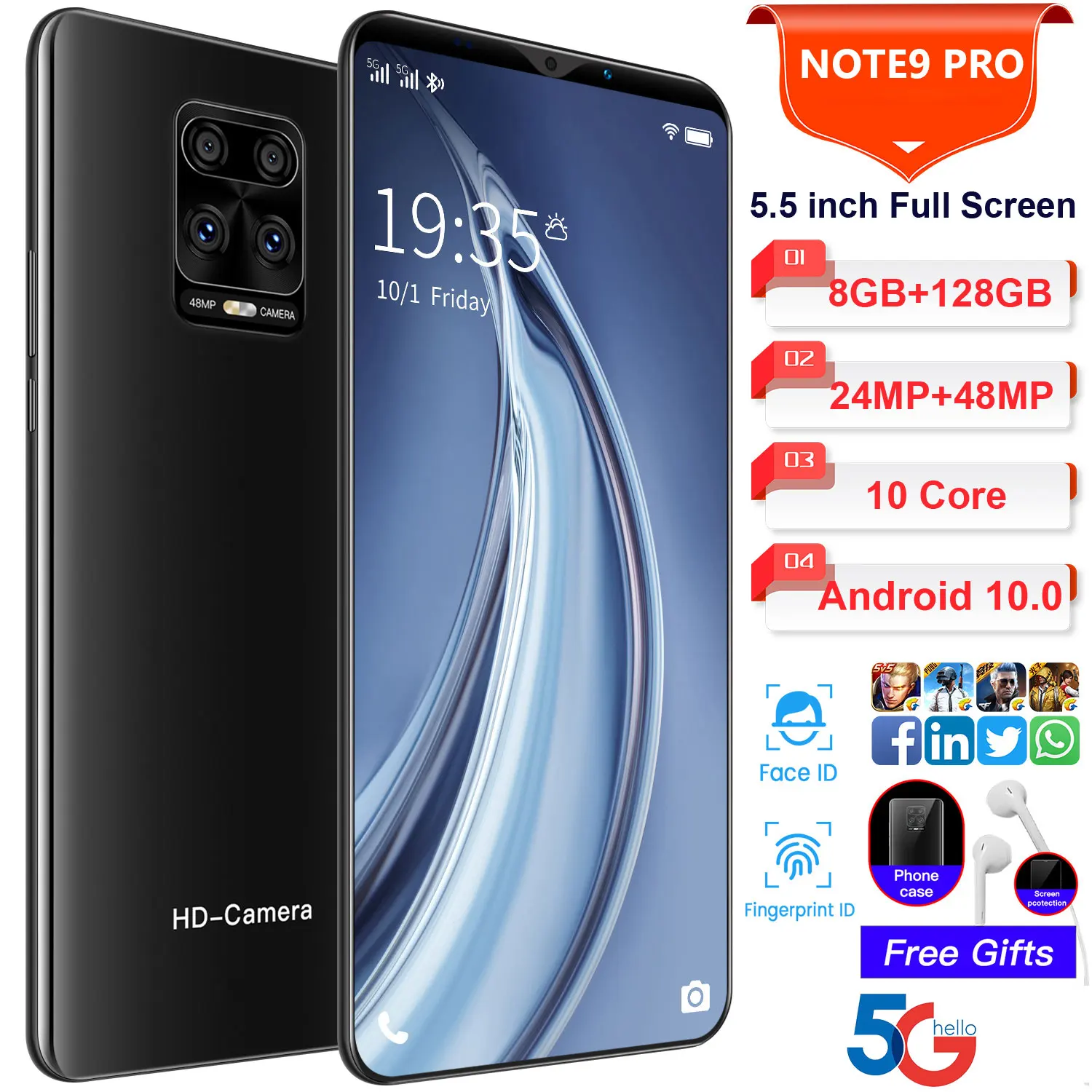 Global edition Note9Pro 5.5-inch Android 10 smartphone 4800mAh 8+128G Support Google GPS 5G Face unlock network smartphone
Global edition Note9Pro 5.5-inch Android 10 smartphone 4800mAh 8+128G Support Google GPS 5G Face unlock network smartphone