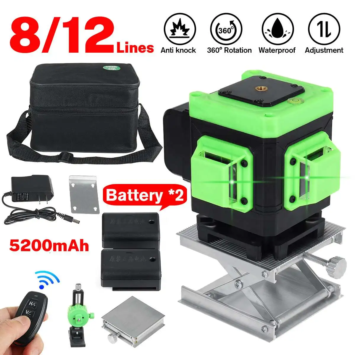 12 Lines Green Laser Level 3D Self-Leveling Wireless Remote 360 Horizontal & Vertical Cross Lines with 2 Batteries Wall Bracket
12 Lines Green Laser Level 3D Self-Leveling Wireless Remote 360 Horizontal & Vertical Cross Lines with 2 Batteries Wall Bracket