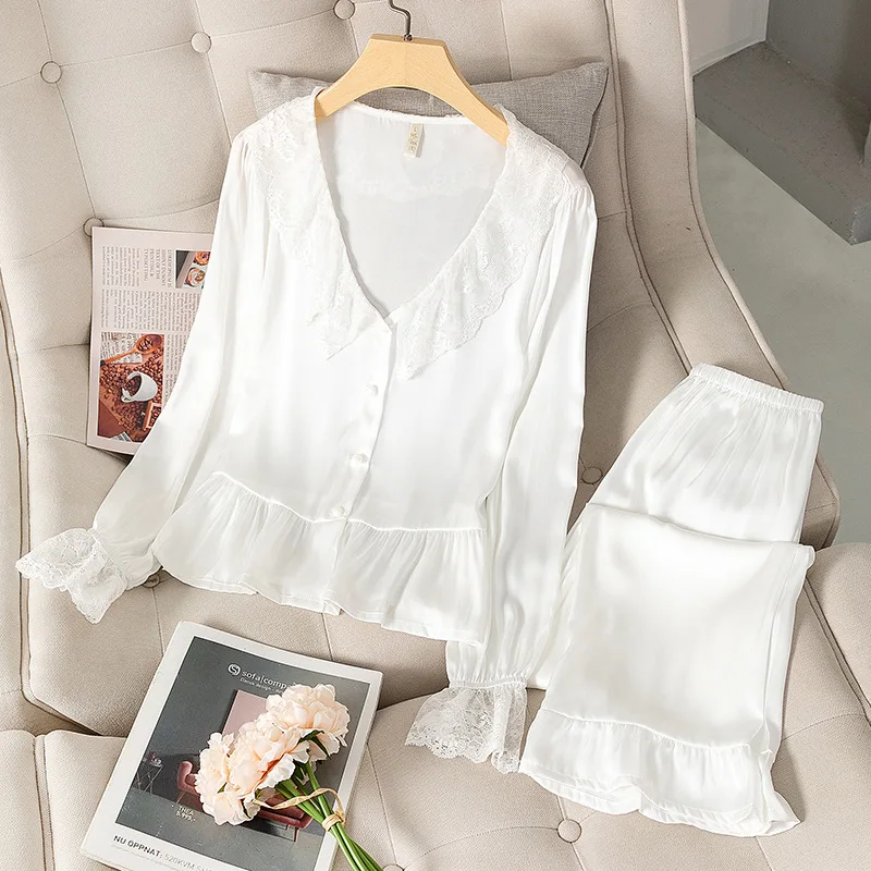 2PCS Sleepwear Spring Summer Loose Long Sleeve Lace Trim Ruffle Women Pajamas Set Elastic Waist Trouser Suits Sexy Home Clothes
2PCS Sleepwear Spring Summer Loose Long Sleeve Lace Trim Ruffle Women Pajamas Set Elastic Waist Trouser Suits Sexy Home Clothes