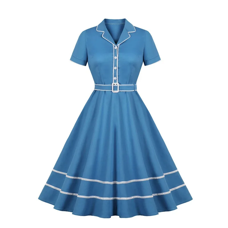 Elegant Blue Button Up Contrast Tape Hem Women Vintage Dress Notched Collar Cotton Belted Retro A Line high qualityDresses
Elegant Blue Button Up Contrast Tape Hem Women Vintage Dress Notched Collar Cotton Belted Retro A Line high qualityDresses