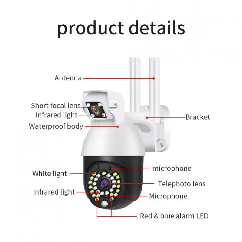 1080P WIFI IP Camera Wireless Outdoor CCTV HD PTZ Smart Home 29 pcs LED Security IR Camera Dual Lens 
1080P WIFI IP Camera Wireless Outdoor CCTV HD PTZ Smart Home 29 pcs LED Security IR Camera Dual Lens