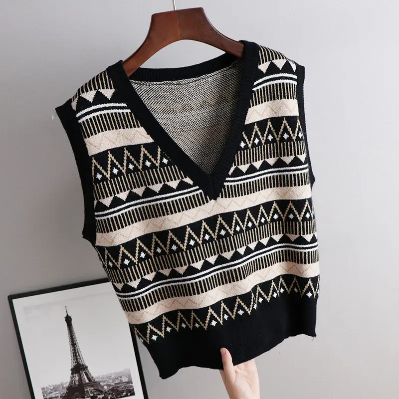 Sleeveless Knitted Sweater Vest Woman Female 2020 Spring Autumn Retro Style Geometric Print Loose Casual Sweater Vest Tops
Sleeveless Knitted Sweater Vest Woman Female 2020 Spring Autumn Retro Style Geometric Print Loose Casual Sweater Vest Tops