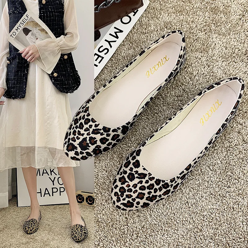 

2021 New Scoop Shoes European and American Fashion Hit Color Leopard Print Women's Single Shoes Flat Shoes Work Shoes Large Size