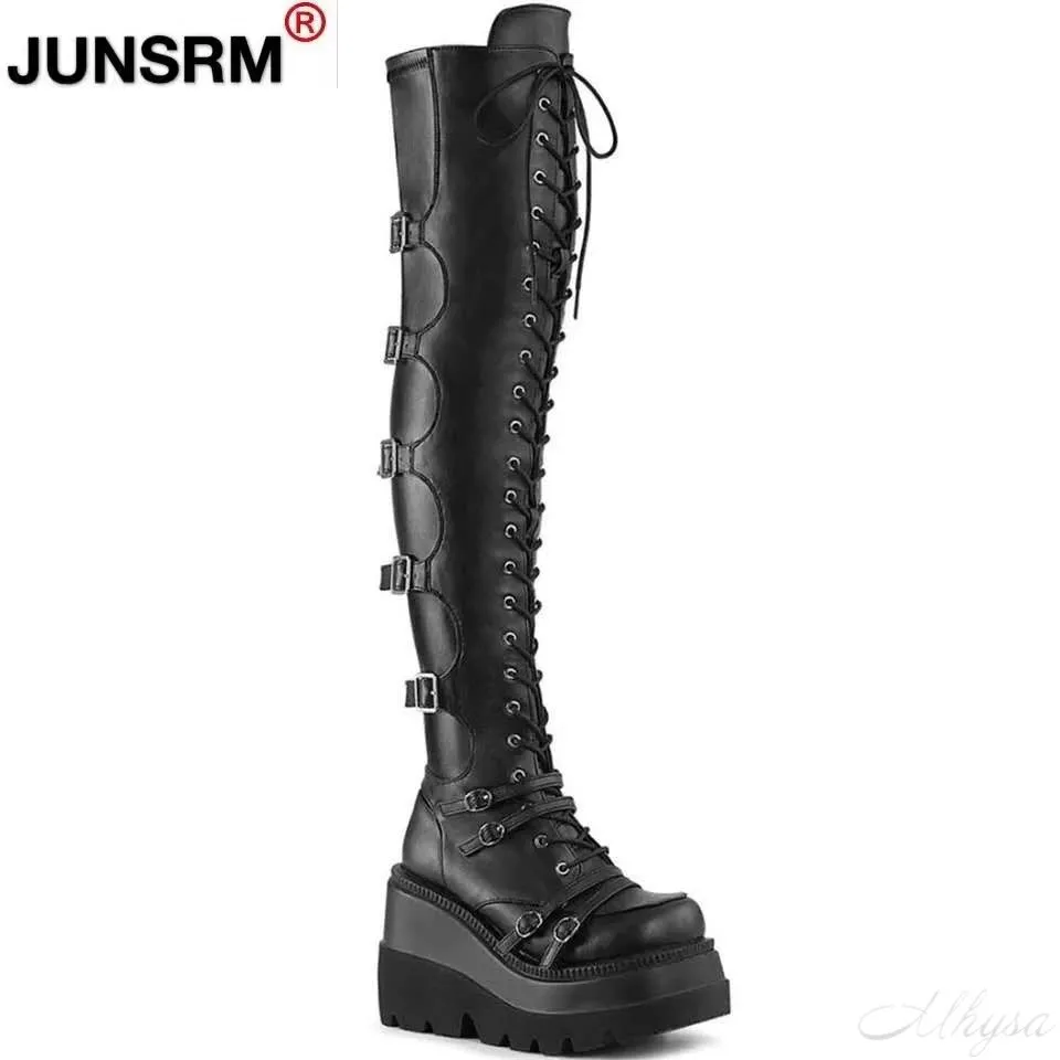 Design Female High Platform Thigh High Boots Fashion Buckle Punk High Heels Boots Women Cosplay Wedges Boots Woman Botas Mujer
Design Female High Platform Thigh High Boots Fashion Buckle Punk High Heels Boots Women Cosplay Wedges Boots Woman Botas Mujer