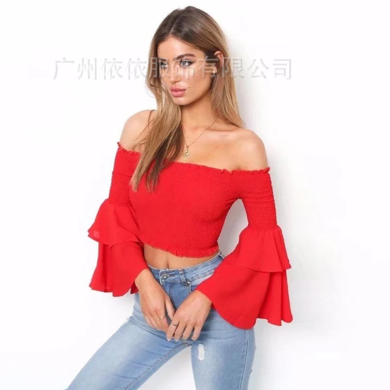 Spring and summer new style European and American fashion slash neck top Elastic trumpet sleeve cropped top
Spring and summer new style European and American fashion slash neck top Elastic trumpet sleeve cropped top