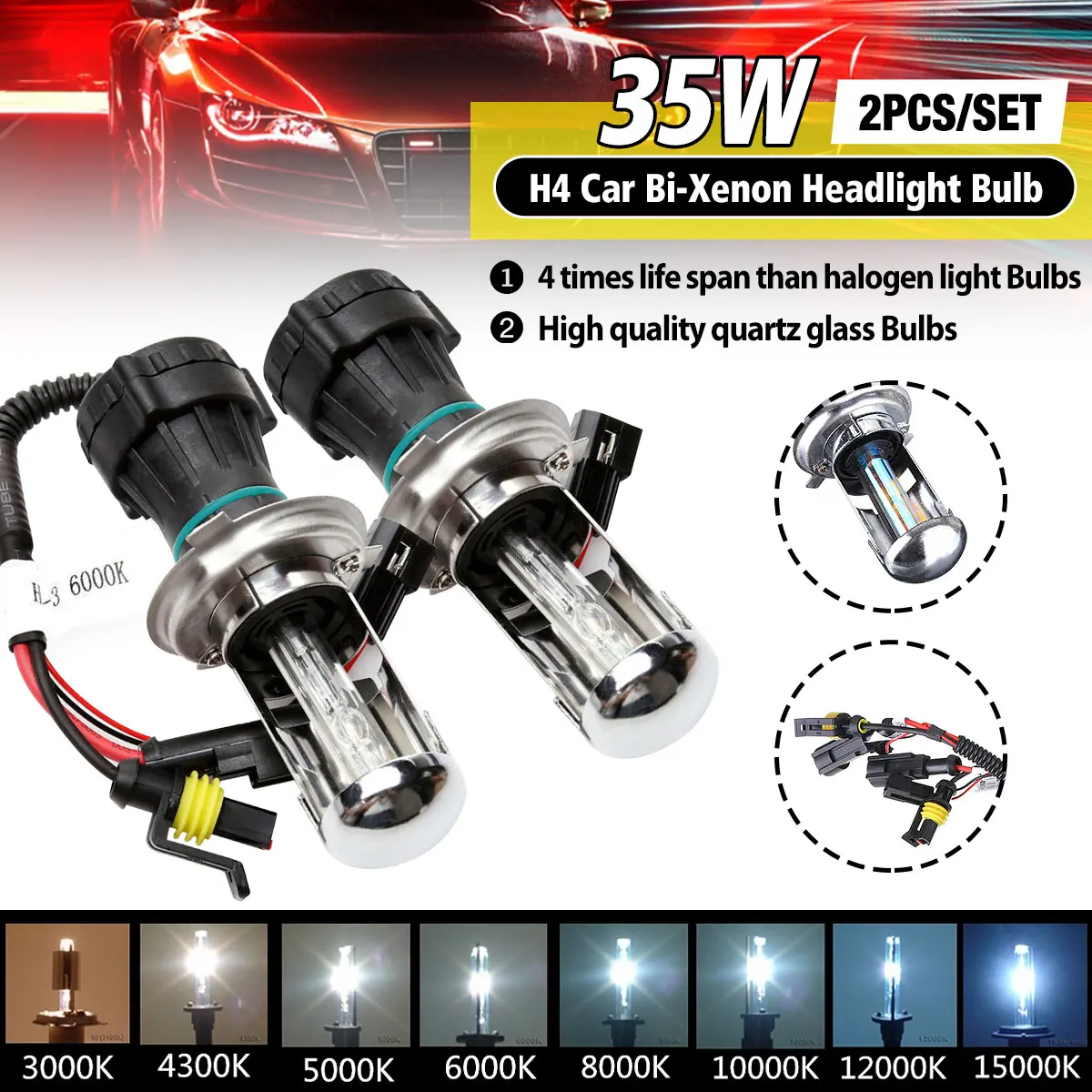 2Pcs 35W H4 Bi-Xenon HID High Power Low Consumption Beam Headlight Bulb 3000K 4300K 5000K 6000k 8000K 12000K 15000K Light Lamps
2Pcs 35W H4 Bi-Xenon HID High Power Low Consumption Beam Headlight Bulb 3000K 4300K 5000K 6000k 8000K 12000K 15000K Light Lamps