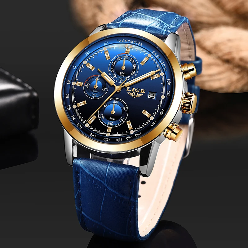 Relojes Hombre новинка 2019 LIGE повседневные кожа модные кварцевые золотые часы мужские