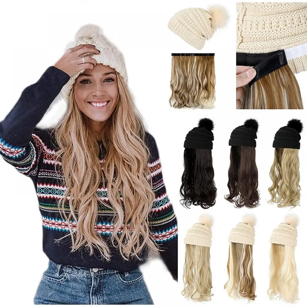 

SHANGZI Long Wavy Hat Wigs Synthetic white Beret Hat Knitted Fashion Autumn Winter Cap Hair Wig Hair Extensions 2021