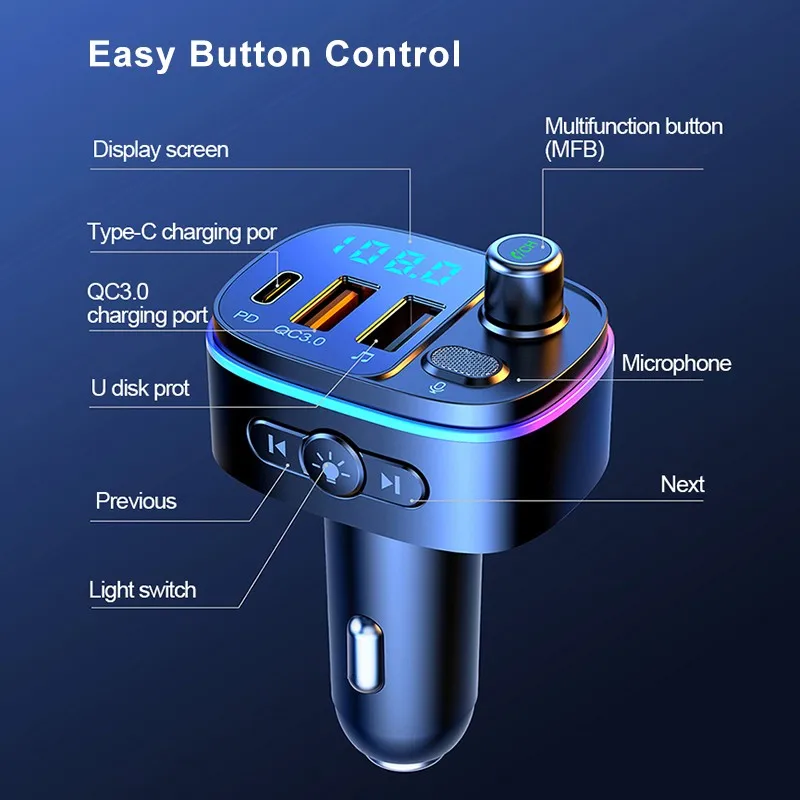 Car Mp3 Player Bluetooth 5.0 FM Transmitter Handsfree Car Kit PD QC 3.0 Dual USB Charger Colorful Atmosphere Lights Transmitter
Car Mp3 Player Bluetooth 5.0 FM Transmitter Handsfree Car Kit PD QC 3.0 Dual USB Charger Colorful Atmosphere Lights Transmitter