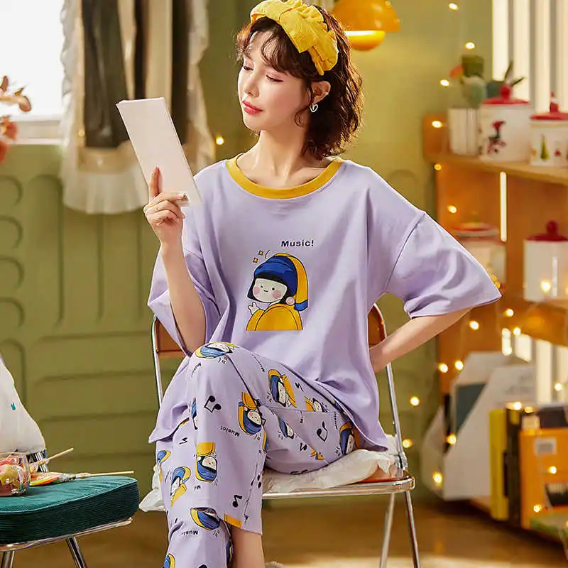 2021 Summer New Pajamas Women's Short Sleeve Trousers Knitted Cotton Lovely Sweet Home Suit home clothing
2021 Summer New Pajamas Women's Short Sleeve Trousers Knitted Cotton Lovely Sweet Home Suit home clothing